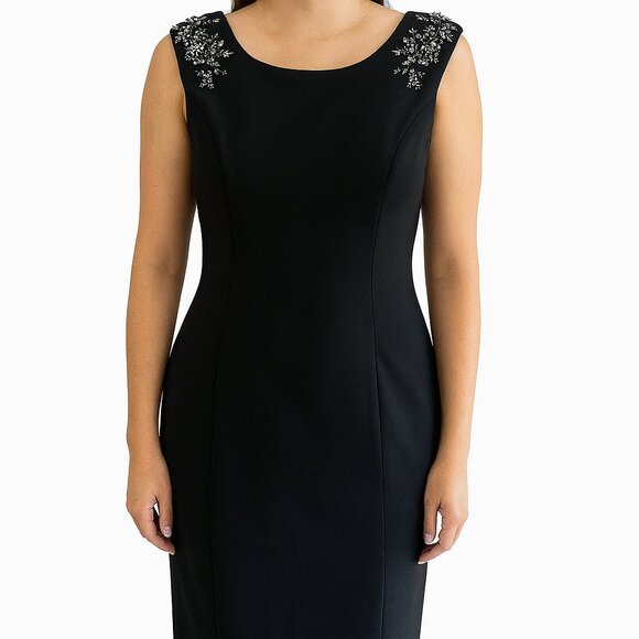 Vince Camuto Black Beaded Shoulder Sheath Dress 14 Cocktail Midi - Picture 1 of 11